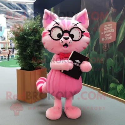 Produktbild von Rosafarbene REDBROKOLY Katze als Maskottchen kostüm bekleidet mit einem Maxirock und einer Lesebrille