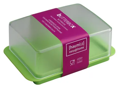 Produktbild von homiez Butterdose, Butterbox, Butterbehälter für normales Butterstück (250g), milchig transparenter Deckel, apfelgrüner Boden