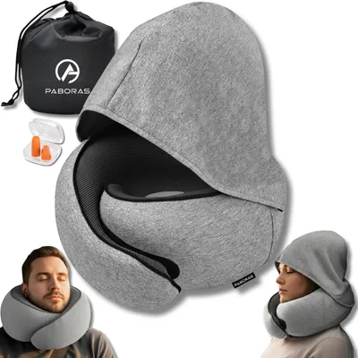 Obrázek produktu pro Polštářek na cestování s kapucí, vyrobený z paměťové pěny, s 360° oporou, ergonomický polštářek na krk, světle šedý, vhodný pro letadlo