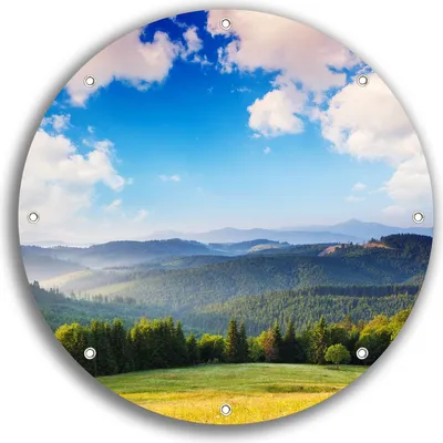 Produktbild von Wallario rundes Outdoor-Poster für Garten oder Balkon, Motiv Berglandschaft im Gebirge unter blauem Himmel, 30 cm Durchmesser