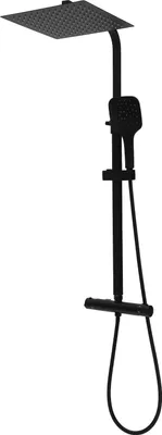 A black shower system with a rain showerhead and a handheld showerhead, displayed against a white background.