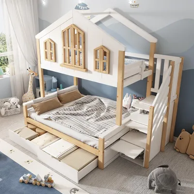 Imagen del producto de Cama nido de 90 x 200 / 140 x 200 cm con armario escalonado, 2 cajones, somier, techo a dos aguas y ventanas, color blanco y madera natural