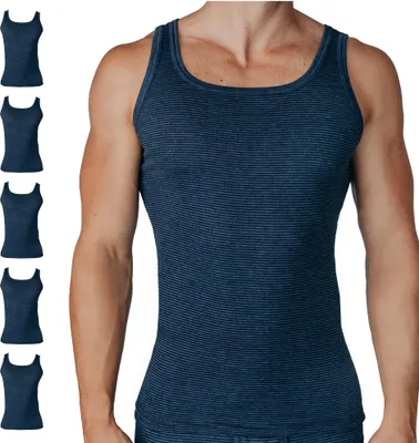 Produktbild von SES Ringel Feinripp Unterhemd Herren L Jeans Marine aus Baumwolle 5er Pack/weiche & atmungsaktive Achselhemden Herren/Baumwoll Herren Unterhemden mit körpernaher Passform