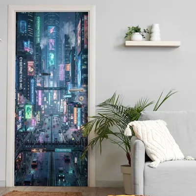 Produktbild von Türtapete selbstklebend | 200 x 90 cm Futuristische Stadt, Cyberpunk | Tür Aufkleber Poster Türfolie | Einteilig | Wasserfest 3D Türaufkleber Klebefolie Wandtattoo