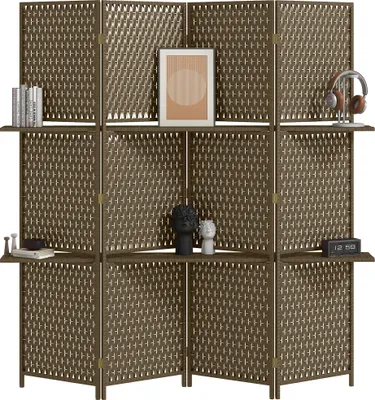 Produktbild von HOMCOM 4-teiliger Raumteiler für den Innenbereich, 181 x 180 cm (B x H), 2 Klappregale, Kiefernholz, Bambus, gewebte Papierfaser, Braun