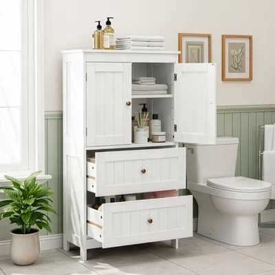 A white bathroom cabinet with open doors and drawers next to a toilet.
