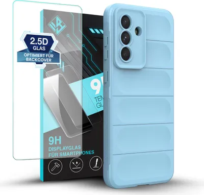 A light blue phone case and a screen protector are displayed against a white background.