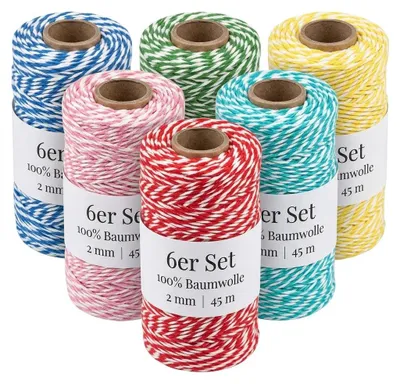 Productafbeelding van Bakkerskoord set - 6 x 45 meter katoenen decoratiekoord - Voor het verpakken, knutselen en decoreren - 2 mm dik, 6 kleuren