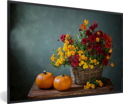 Produktbild von MuchoWow® Gerahmtes Poster Korb - Kürbis - Chrysantheme 90x60 cm - Poster mit Schwarzem Bilderrahmen Wandposter Rahmen Foto Bilder - Fotorahmen - Foto-Plakat