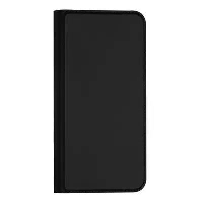 A black flip case for a smartphone, shown closed and standing upright against a white background.