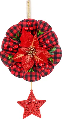 Produktbild von Weihnachtskranz-Dekoration, rote künstliche Weihnachtssterne, Buffalo-Karo-Kranz mit Stern-/Baum-Ornament für Wand, Fenster, Veranda, Tür, Innen- und Außendekoration
