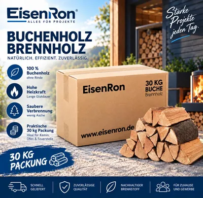Produktbild von Brennholz 25 cm Scheitlänge, Buche 30 kg – getrocknet, ofenfertig, KI-generiertes Bild