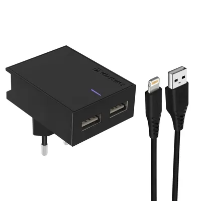 Produktbild von Dual 3A USB-Netzladegerät + Lightning Kabel, Swissten Slim Series - Schwarz