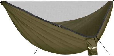 A single olive-colored hammock with a mosquito net is displayed against a white background.