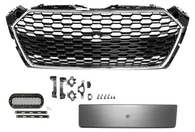 Kühlergrill Wabengrill SCHWARZ GLANZ CHROM + Emblem Halter für Audi A5 F5 2016 – Produktansicht