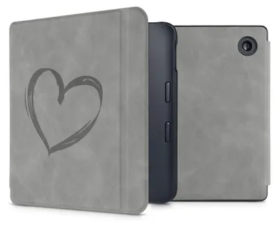 Produktbild von kwmobile Schutzhülle für Kobo Libra 2 Hülle - eReader Case aus Kunstleder mit Auto Sleep Funktion - Herz Brush mit Grau