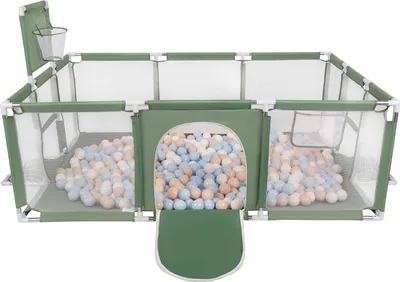Produktbild von Selonis Laufstall Baby Großer Spielplatz Mit 100 Bälle Laufgitter Für Kinder, Grün:Pastellbeige/Pastellblau/Weiß