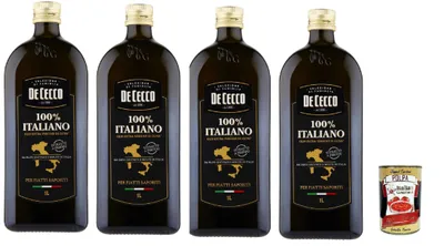 Produktbild von De Cecco Olivenöl Extra Vergine 100% Italiano – kalt extrahiert, fruchtig & ausgewogen – 4×1 L (4 L) Vorrat in Dunkelglas – für Küche & Rohkost – + Italian Gourmet polpa