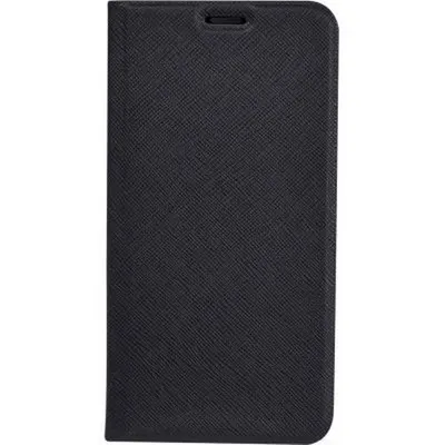 A black folio case for a smartphone, shown closed and standing upright.
