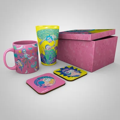Produktbild von Rick and Morty Geschenkbox: Pattern (Keramiktasse, Trinkglas, Untersetzer)