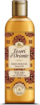 A product shot of a bottle of Tesori d'Oriente shower oil.
