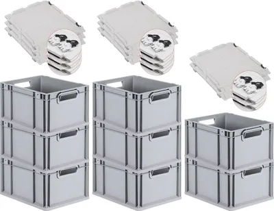 Produktbild von SuperSparSet 8x Eurobox NextGen Economy mit Scharnierdeckel und schwarzen Schiebeschnappverschlüssen | Griffe offen | HxBxT 22x30x40cm | 20 Liter | Eurobehälter, Transportbox, Transportbehälter, Stapelbehälter