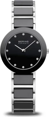 A Bering ceramic women's watch with a black dial and silver and black ceramic band.