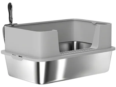 Produktbild von XL-Katzentoilette aus Edelstahl mit hohem Rand, integrierter Schaufel, leicht zu reinigen, auslaufsicher, 60 x 40 x 29,5 cm, grau