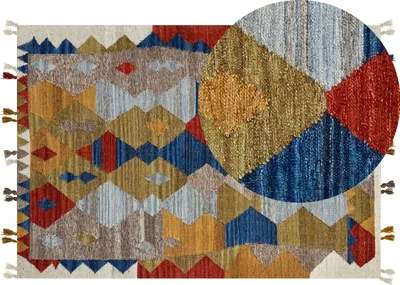 Produktbild von BELIANI Kelim-Teppich Mehrfarbig Wolle und Baumwolle 160 x 230 cm mit Quasten Geometrischem Muster Patchwork Handgewebt Boho Fußbodenheizung Geeignet