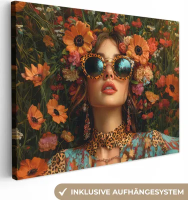 Produktbild von Wanddeko 80x60 cm - Frau - Blumen - Modern - Brille - Abstrakt, Leinwand Bilder, Gemälde, Wanddeko