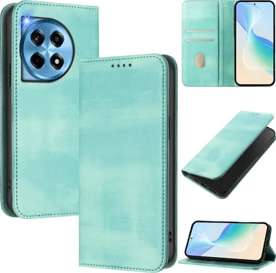 Image de Etui pour OnePlus 12, étui en cuir vintage avec protection RFID, fentes pour cartes, support Turquoise