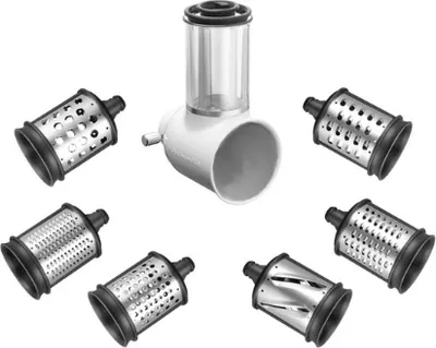 A white food grinder attachment with multiple metal shredding/slicing drums arranged around it on a white background.
