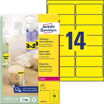 Zdjęcie produktu dla Avery L7263Y-25, Żółty, Samoprzylepne etykiety do drukowania, A4, Papier, Laser, Wyjmowana