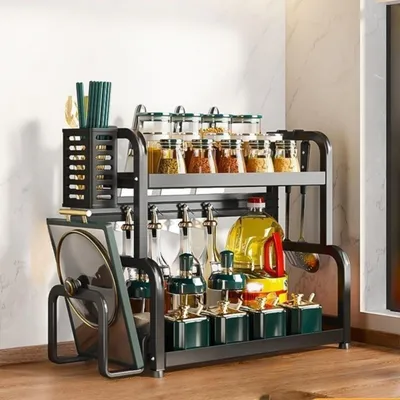Produktbild von Gewürzregale, Küchenregal, 2 Etagen Gewürzregal, Gewürzständer,  Küchenarbeitsplatte Organizer, Gewürz Organizer, 50x21.5x40cm, mit 4 Haken