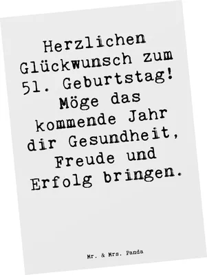 Produktbild von Mr. & Mrs. Panda Postkarte Spruch 51. Geburtstag Freude - Weiß - Geschenk, bildkarte, besondere Anlässe, Feier, Geburtstagsfeier, Ansichtskarte, Alter, Grußkarte