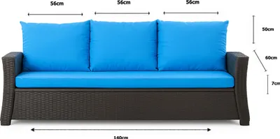 A front view of a three-seater outdoor sofa with blue cushions, showing dimensions.