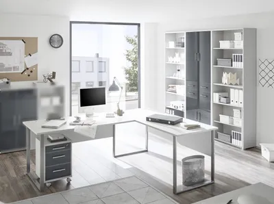 Produktbild von Büromöbel Office Luxo 5 teiliges Kompett Set in Lichtgrau mit Graphit Glasfronten abschließbar