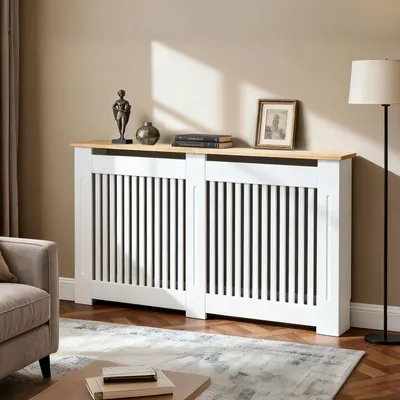 Immagine prodotto di FATIVO Copritermosifone 152×20×92,5 cm – Copertura alta per termosifone bianca con effetto legno, in MDF ispessito, lamelle verticali