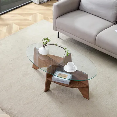 Produktbild von MODFU Couchtisch Oval Sicherheitsglas mit Ablagefach Kaffeetisch Modernes Design Für Wohnzimmer Nussbaum