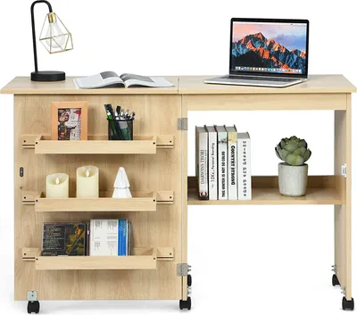 Produktbild von Nähtisch Nähmaschinenschrank Faltbar, Nähschrank Nähmöbel, Mehrzwecktisch mit 4 Rollen (Holzfarbe)