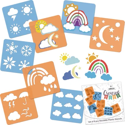 Obrázek produktu pro Šablony na malování pro děti, sada 8 kusů, 15 x 15 cm, motivy počasí, kreativní šablony pro děti, plastové, opakovaně použitelné šablony na malování