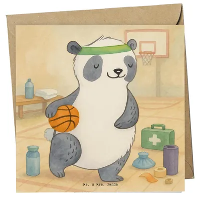 Produktbild von Mr. & Mrs. Panda Klappkarte Panda Basketball Design - Weiß - Geschenk, doppelkarte, Glückwunschkarte, Verein, Grußkarte, anlasskarte, Verband, faltkarte, Basketballplatz