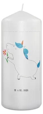 Produktbild von Mr. & Mrs. Panda Kerze Einhorn Blume 19 x 8 cm - Weiß - Geschenk, Einhörner, Liebe, Blockkerze, Wachskerze, Freundin, Bedruckte, Unicorn, Freund, Stumpenkerze, Pärchen