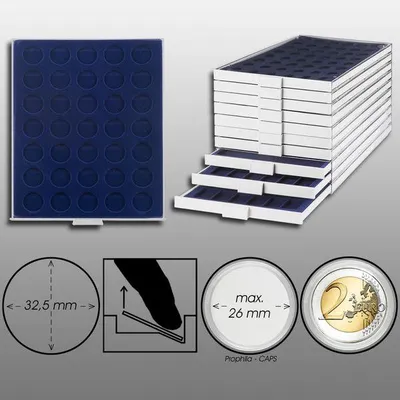 Produktbild von Prophila Collection Münzbox grau 35 runde Fächer für Münzen bis 32,5mm (10-/20-€URO-Gedenkmünzen), Blaue Einlage