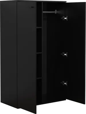 A black wardrobe with one door open, revealing shelves and a hanging rod.
