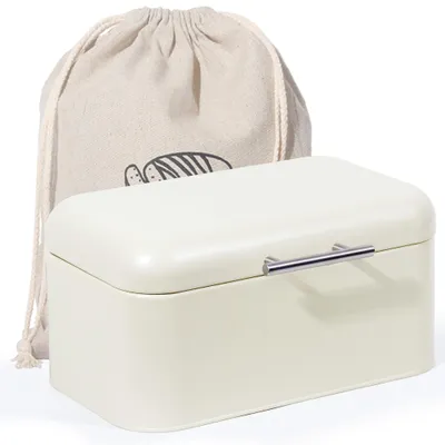 Produktbild von Theo&Cleo Brotkasten mit Deckel, Metall, mit Edelstahlgriff, Lüftungslöcher hinten gegen Schimmel, Mattbeige