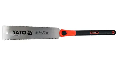 A Japanese-style pull saw with an orange and black handle, isolated on a white background.