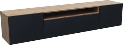 A long, low TV stand with a wood-grain top and black cabinet fronts.