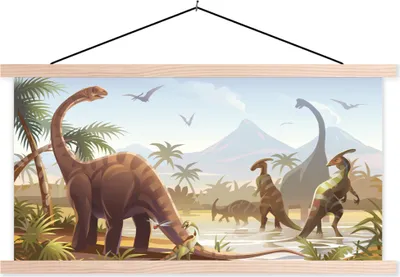 Produktbild von MuchoWow® Textilposter Dinosaurier - Landschaft - Tropisch - Kinder - Jungen 60x30 cm mit holzfarbenen Rahmen - Dekoration