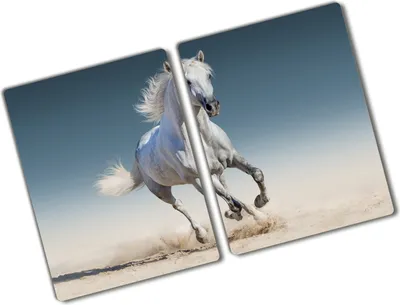 Produktbild von Tulup Glas Herdabdeckplatte - 2x40x52 cm - Glaskeramikkochfeld-Abdeckung Spritzschutz Glasabdeckplatte Kochplattenabdeckung und Schneidebrett - Zweiteilig - Tiere - Schimmel im Galopp - Weiß